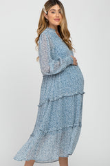 Light Blue Floral Print Ruffle Tiered Maternity Dress