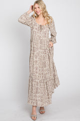 Beige Stamped Print Front Tie Tiered Maxi Dress