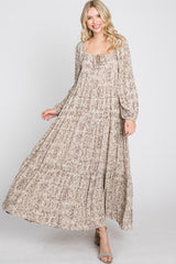 Beige Stamped Print Front Tie Tiered Maxi Dress