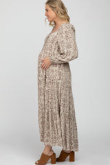 Beige Stamped Print Front Tie Tiered Maternity Maxi Dress