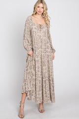 Beige Stamped Print Front Tie Tiered Maternity Maxi Dress