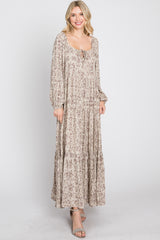 Beige Stamped Print Front Tie Tiered Maxi Dress