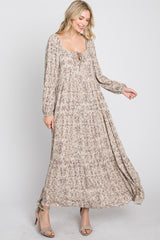 Beige Stamped Print Front Tie Tiered Maxi Dress