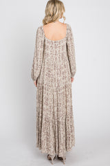 Beige Stamped Print Front Tie Tiered Maxi Dress