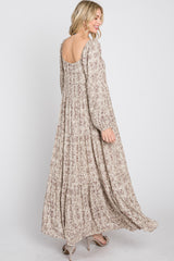 Beige Stamped Print Front Tie Tiered Maxi Dress