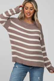 Mocha Striped Fuzzy Knit Maternity Sweater