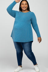 Teal Solid Long Sleeve Peplum Plus Maternity Top