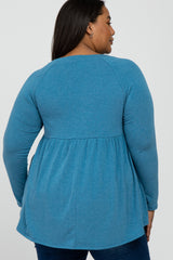 Teal Solid Long Sleeve Peplum Plus Maternity Top