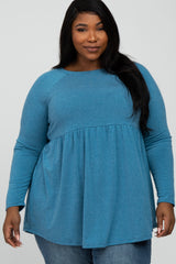 Teal Solid Long Sleeve Peplum Plus Maternity Top