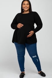 Black Solid Long Sleeve Peplum Plus Maternity Top