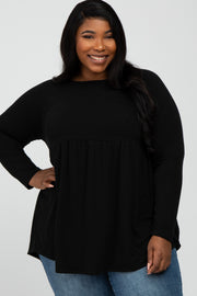 Black Solid Long Sleeve Peplum Plus Top