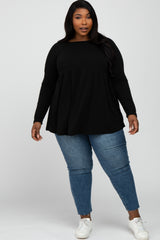 Black Solid Long Sleeve Peplum Plus Top