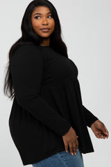 Black Solid Long Sleeve Peplum Plus Top