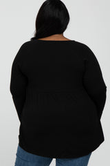 Black Solid Long Sleeve Peplum Plus Top