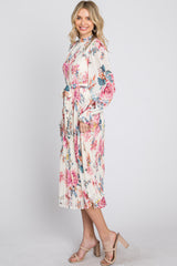 Ivory Floral Pleated Mock Neck Midi Dress