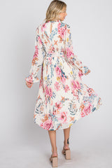 Ivory Floral Pleated Mock Neck Midi Dress