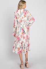 Ivory Floral Pleated Mock Neck Midi Dress