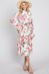 Ivory Floral Pleated Mock Neck Midi Dress