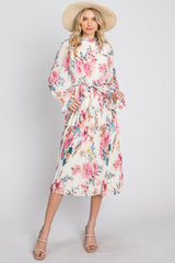 Ivory Floral Pleated Mock Neck Midi Dress