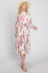 Ivory Floral Pleated Mock Neck Midi Dress