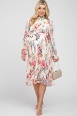 Ivory Floral Pleated Mock Neck Maternity Midi Dress