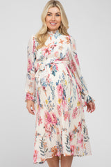 Ivory Floral Pleated Mock Neck Maternity Midi Dress