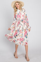 Ivory Floral Pleated Mock Neck Midi Dress