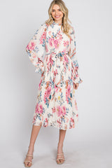 Ivory Floral Pleated Mock Neck Midi Dress