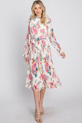 Ivory Floral Pleated Mock Neck Midi Dress