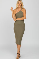 Olive Ribbed One Shoulder Maternity Sweater Dress