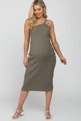 Olive Ribbed One Shoulder Maternity Sweater Dress