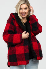 Red Plaid Reversible Sherpa Hooded Maternity Jacket