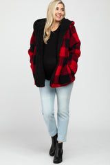 Red Plaid Reversible Sherpa Hooded Maternity Jacket