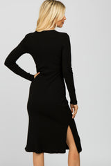 Black Ribbed Snap Button Midi Dress