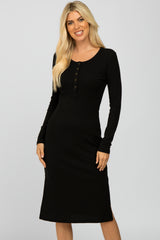 Black Ribbed Snap Button Midi Dress