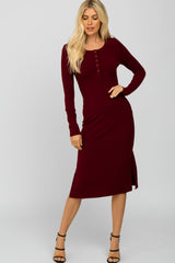 Burgundy Ribbed Snap Button Maternity Midi Dress