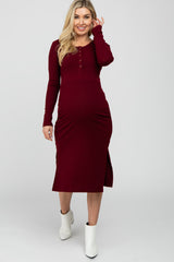 Burgundy Ribbed Snap Button Maternity Midi Dress