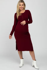 Burgundy Ribbed Snap Button Maternity Midi Dress