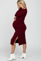 Burgundy Ribbed Snap Button Maternity Midi Dress