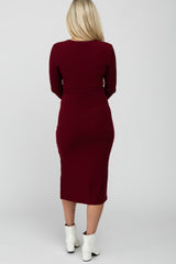 Burgundy Ribbed Snap Button Maternity Midi Dress