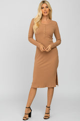 Taupe Ribbed Snap Button Maternity Midi Dress