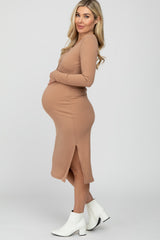 Taupe Ribbed Snap Button Maternity Midi Dress