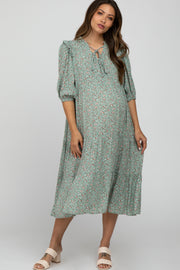 Mint Green Floral Tiered Long Sleeve Maternity Midi Dress