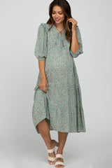 Mint Green Floral Tiered Long Sleeve Maternity Midi Dress