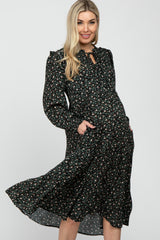 Black Floral Tiered Long Sleeve Maternity Midi Dress