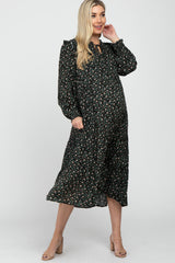 Black Floral Tiered Long Sleeve Maternity Midi Dress