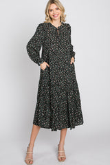 Black Floral Tiered Long Sleeve Maternity Midi Dress