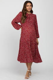 Red Floral Tiered Long Sleeve Maternity Midi Dress