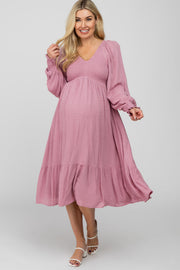 Mauve Swiss Dot Smocked Maternity Midi Dress