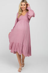 Mauve Swiss Dot Smocked Maternity Midi Dress